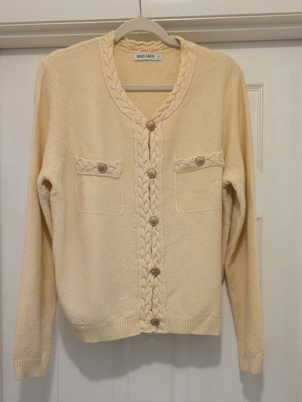 Grace Karin Cream Cable-Trim Button Cardigan